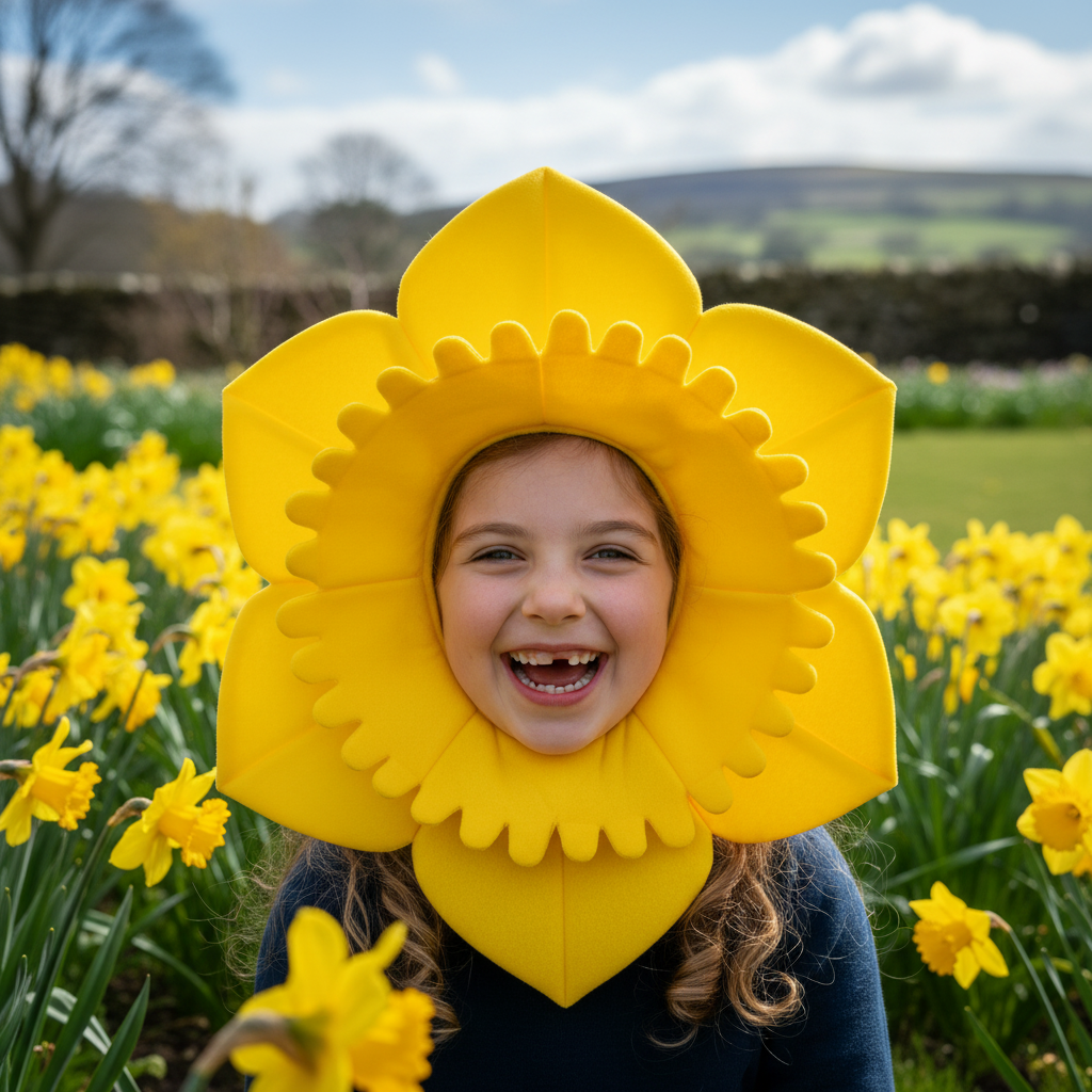 Welsh Daffodil Novelty Hat lifestyle image with real daffodils