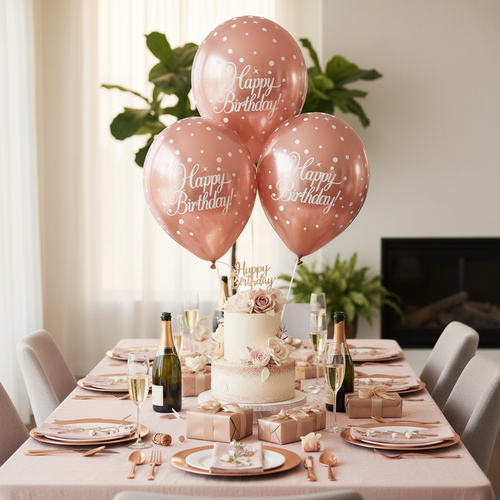 Rose gold sparkling fizz balloons floating above elegant birthday party table with cake and decorations