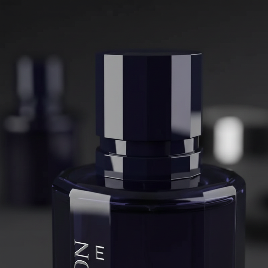 Extreme macro close-up of Wild Action Elixir EDT bottle cap and neck, high-gloss navy-black lacquer finish and silver chrome lettering detail