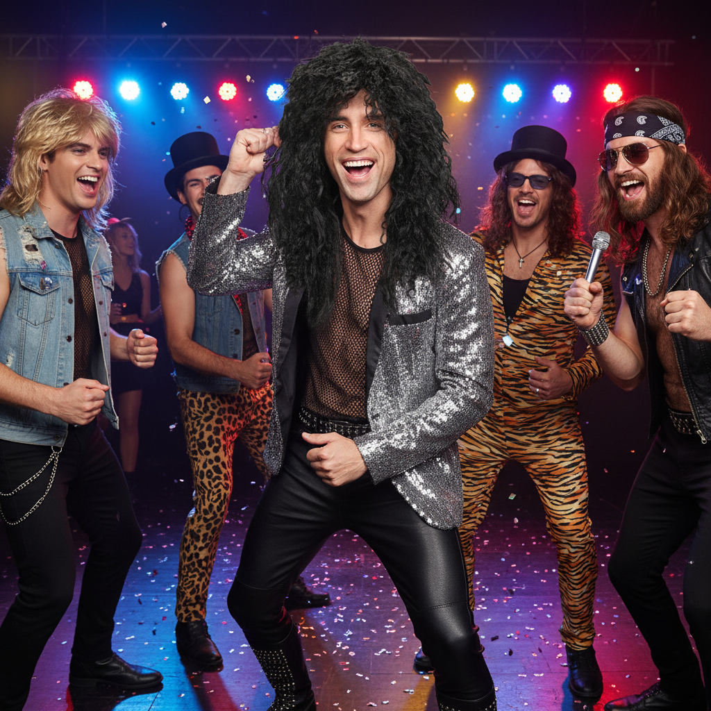 Group of men at a fancy dress party with central man wearing black rockstar wig in rock star costume