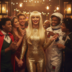 Woman wearing long blonde fringe wig arriving at a fancy dress party looking glamorous and confident