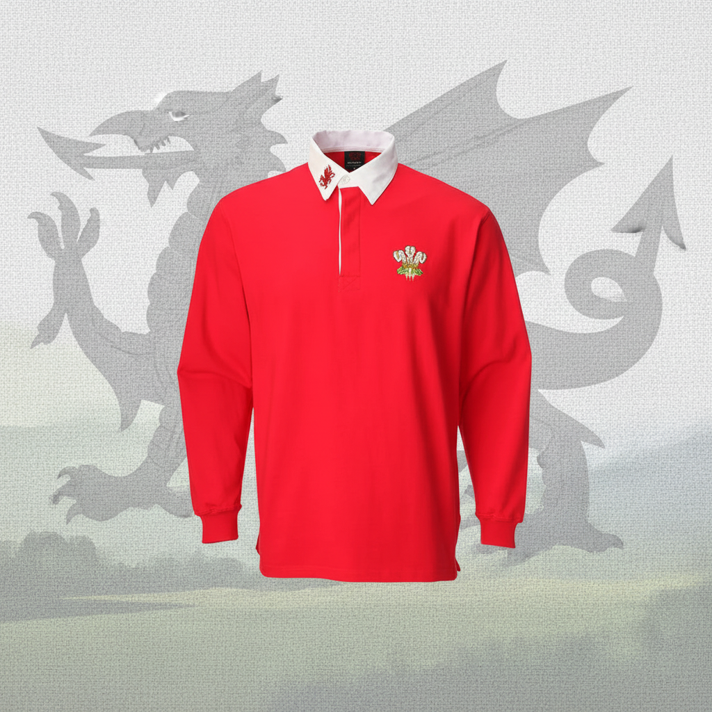 Kids Traditional Long Sleeve Welsh Red Rugby Shirt Age 7-8 Years with three feathers emblem
