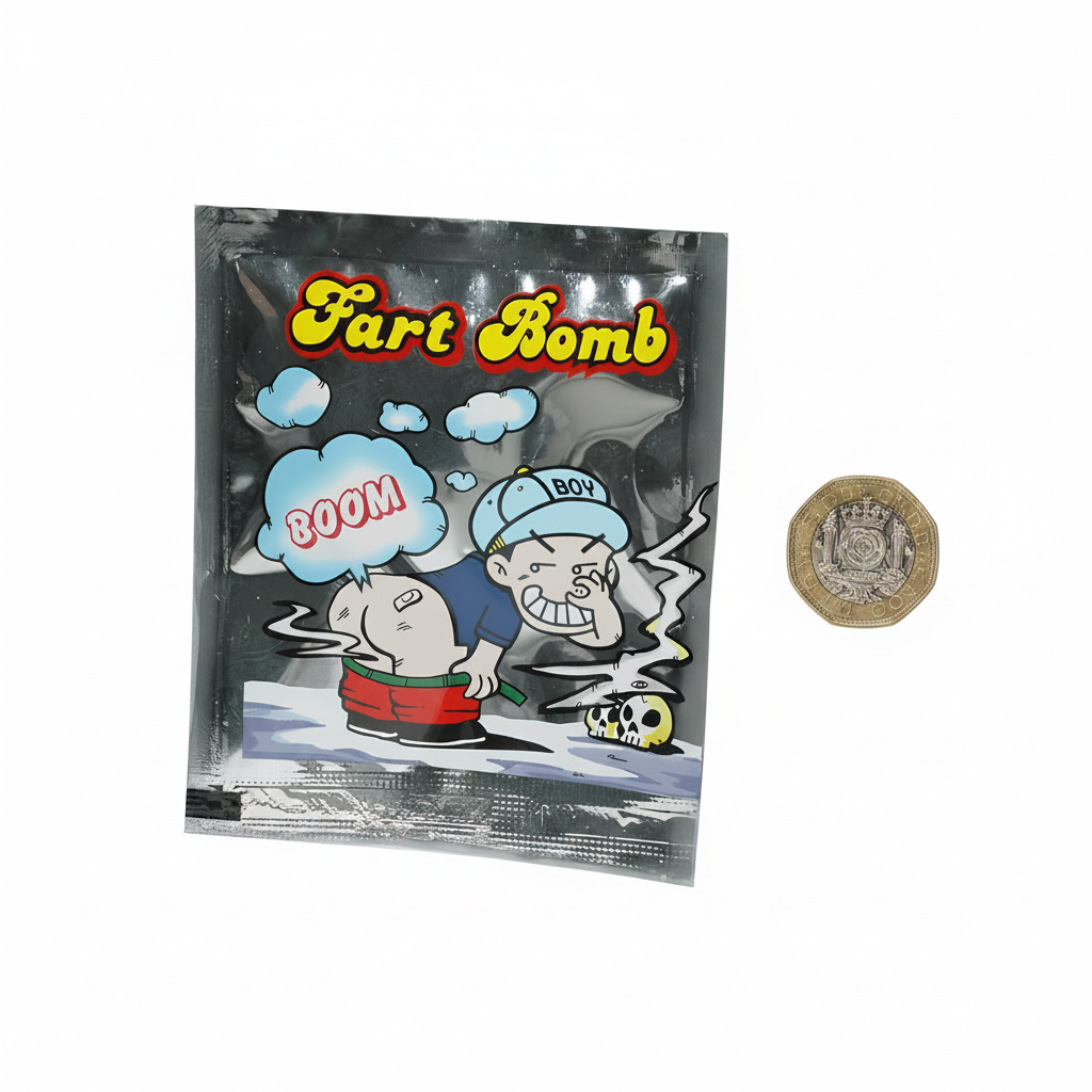 Henbrandt Silver Fart Bomb Bag flat lay beside British pound coin for scale on white background