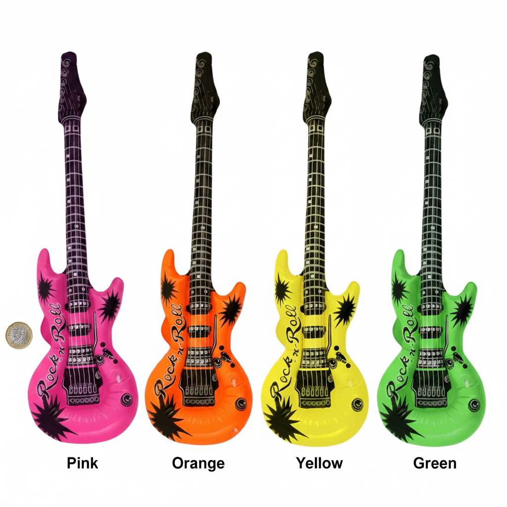 Flat lay of all four neon inflatable guitars in pink, orange, yellow and green with £1 coin for scale