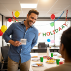 Cheeky man at an office party holding joke sneezing powder ready to prank a colleague