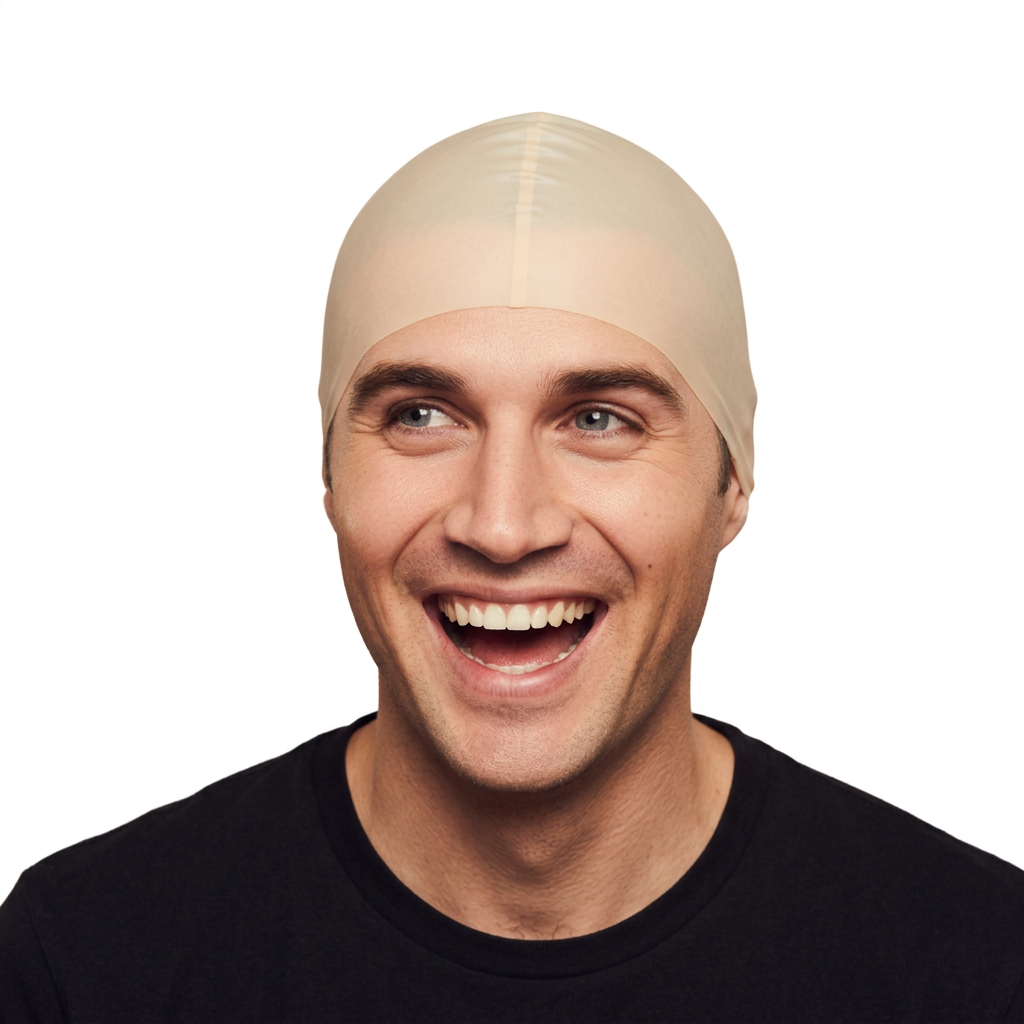 Adult wearing a skin-toned Henbrandt latex bald cap against a white background
