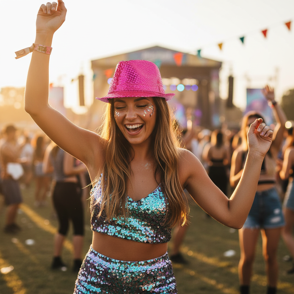 Woman wearing hot pink sequin trilby hat dancing at outdoor music festival in golden hour sunlight