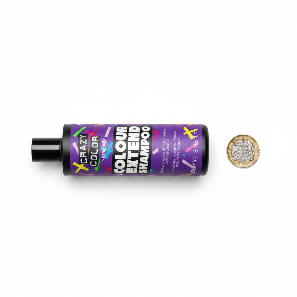Crazy Color Colour Extend Shampoo 250ml bottle beside a UK £1 coin on white background showing product size