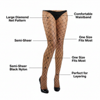Women's Black Diamond Fishnet Tights feature infographic highlighting key product benefits and specifications