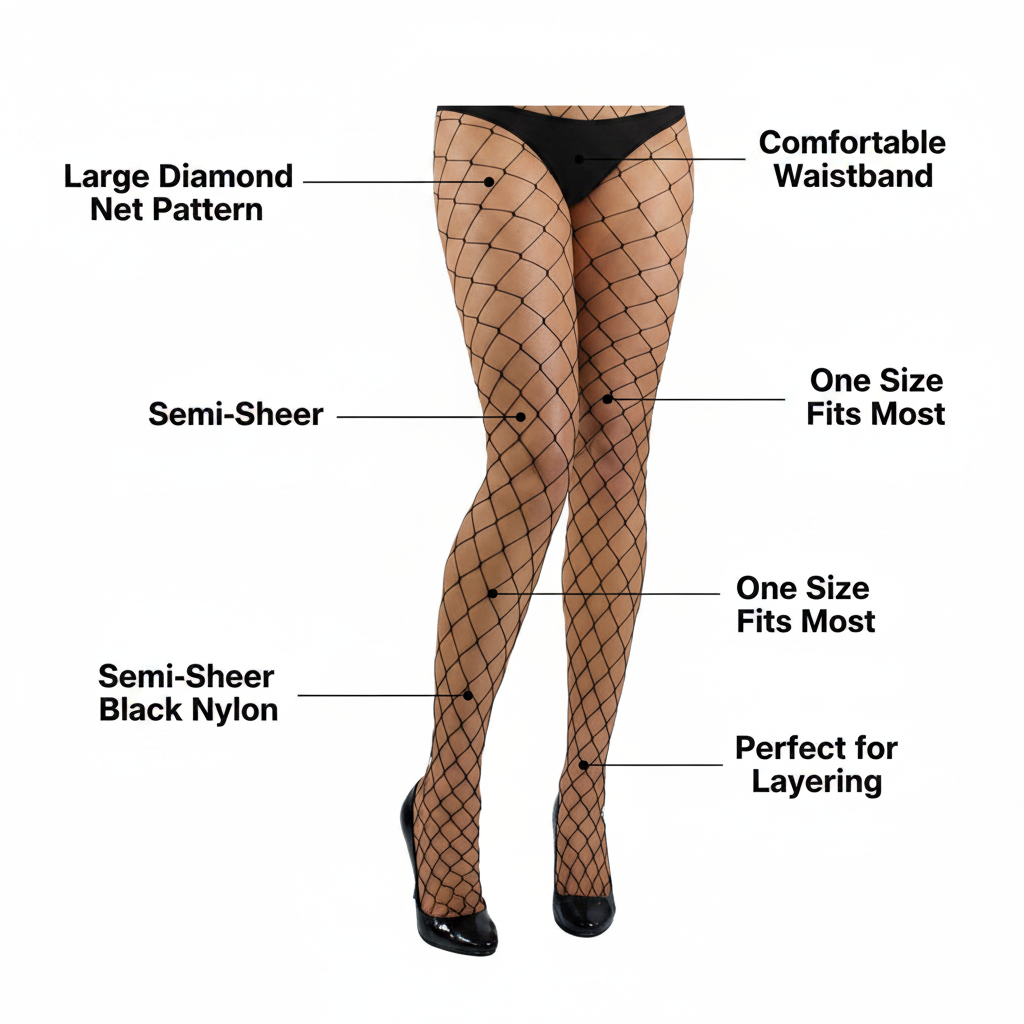 Women's Black Diamond Fishnet Tights feature infographic highlighting key product benefits and specifications