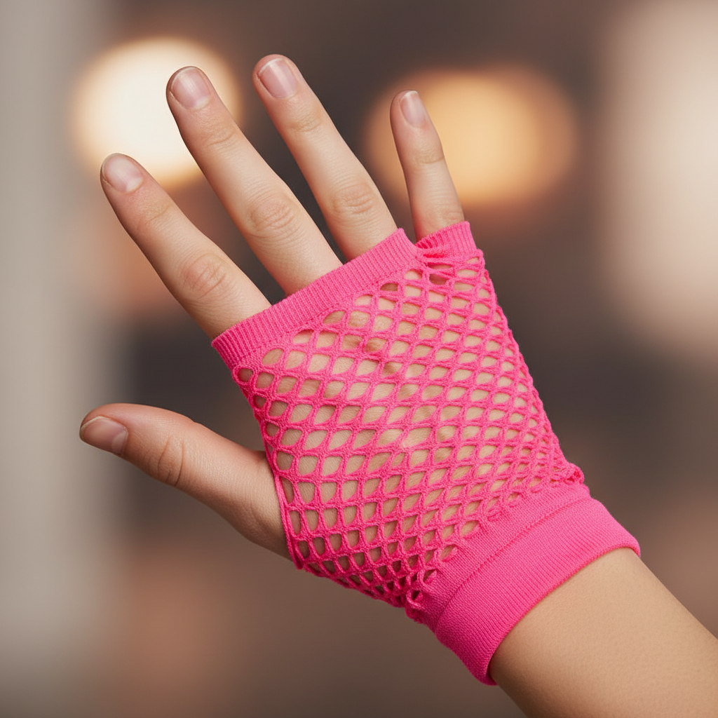 Extreme macro close-up of neon hot pink fingerless fishnet net gloves worn on a hand — net covers palm and wrist only, all five fingers completely bare above knuckles, open diamond mesh weave in sharp focus