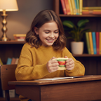 Girl stretching a Squishy Hotdog toy at her desk for stress relief — fun kids fidget novelty