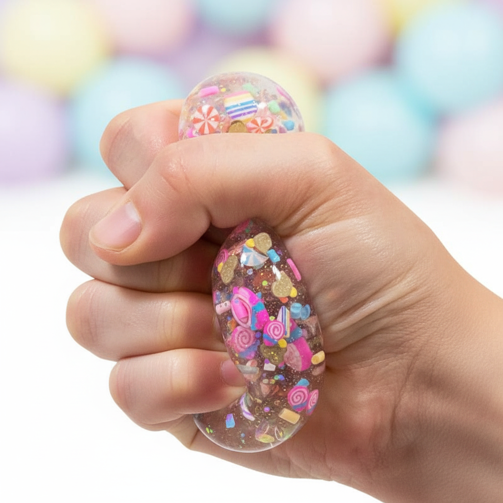 Close-up of child's hand squeezing Scrunchems Party squish ball flat showing vivid confetti and glitter details inside