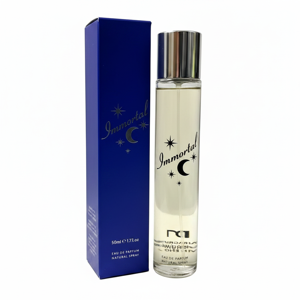 DM Fragrances Immortal EDP Perfume for Women 50ml — clear glass bottle with chrome cap and navy blue box on white background