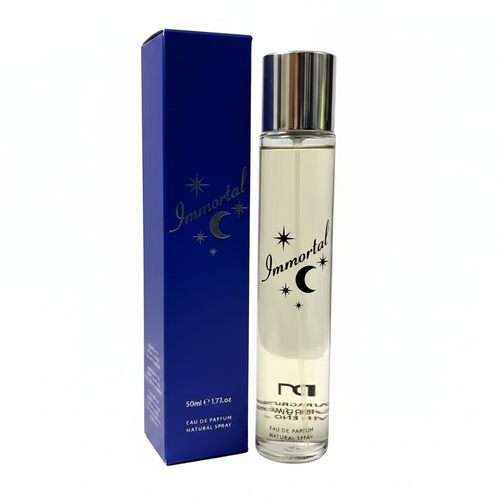 DM Fragrances Immortal EDP Perfume for Women 50ml — clear glass bottle with chrome cap and navy blue box on white background