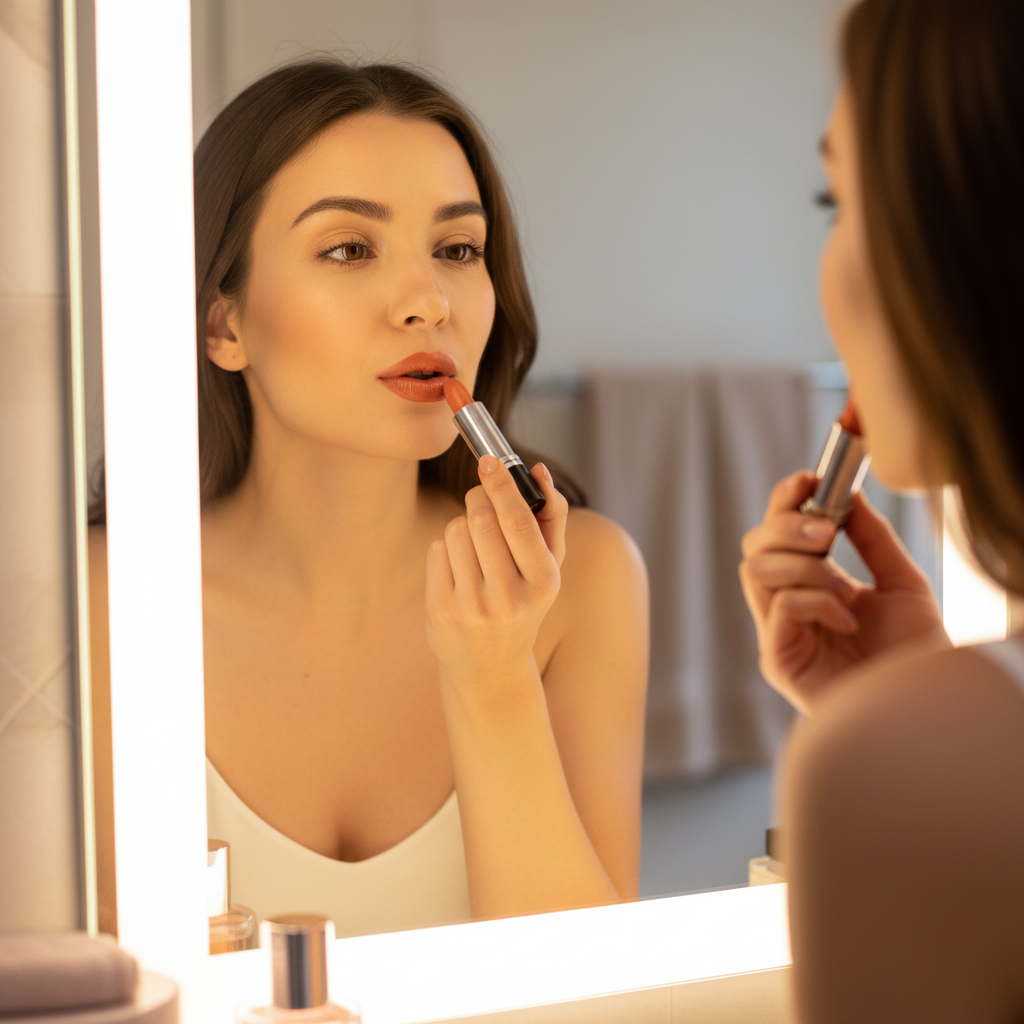 Woman applying Laval Orange Lipstick Honey Bun 34 at mirror in candid lifestyle moment