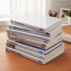 Stack of school textbooks perfectly covered with Tiger clear self-adhesive book cover film, looking pristine and protected on a wooden desk