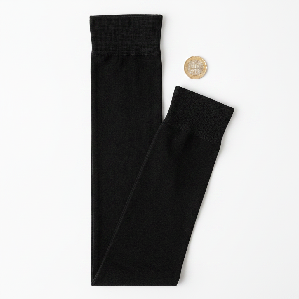 Black thigh high stockings flat lay on white background with UK £1 coin for scale reference