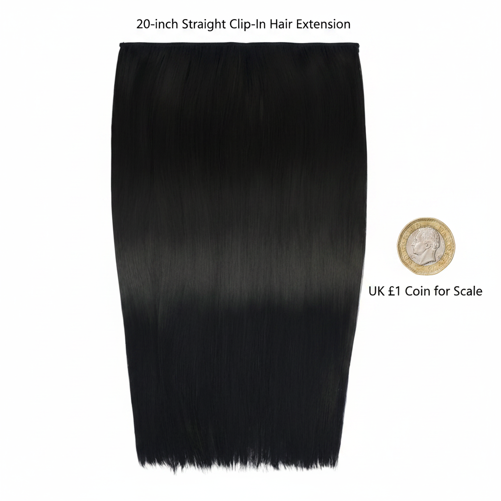 20 inch Black Magic clip-in hair extension flat lay beside a £1 coin showing scale on white background