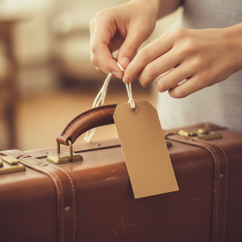 Person's hands tying a kraft brown luggage label with cream string onto a suitcase handle, candid lifestyle photo