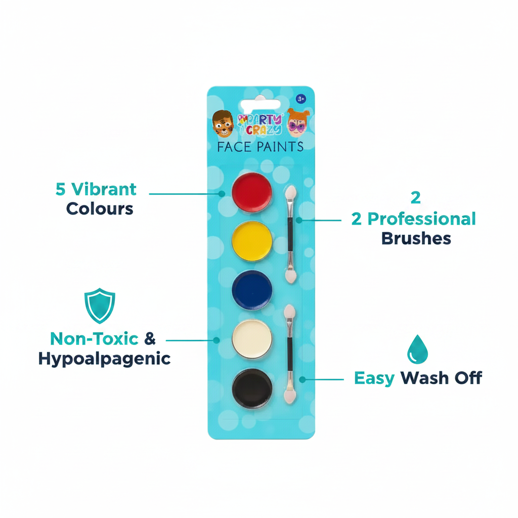 Face paint set infographic showing 5 vibrant colours, 2 professional brushes, non-toxic hypoallergenic formula, easy wash off, and age 3+ rating