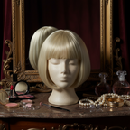 Sleek glossy blonde bob wig on dressing table with glamorous makeup and jewellery props