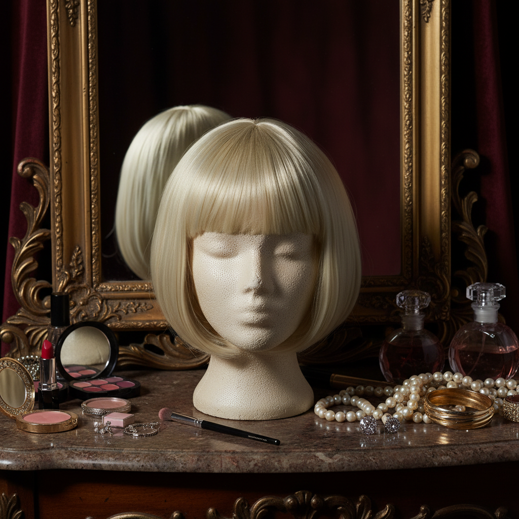 Sleek glossy blonde bob wig on dressing table with glamorous makeup and jewellery props