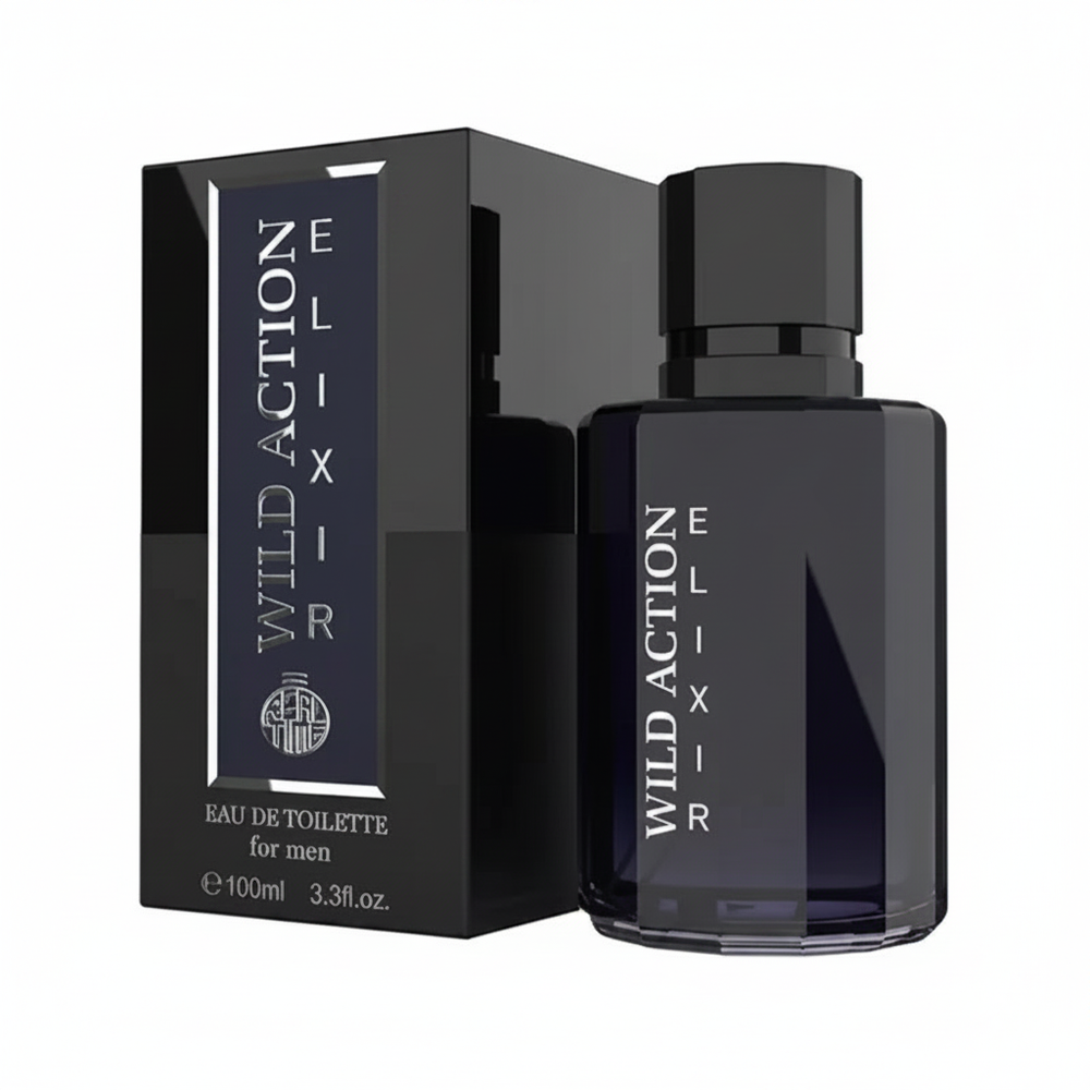 Real Time Wild Action Elixir 100ml EDT for men on pure white background, midnight navy-black bottle and box with silver chrome lettering, Amazon hero shot