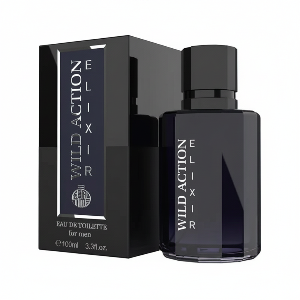 Real Time Wild Action Elixir 100ml EDT for men on pure white background, midnight navy-black bottle and box with silver chrome lettering, Amazon hero shot