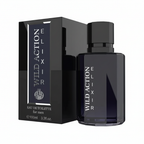 Real Time Wild Action Elixir 100ml EDT for men on pure white background, midnight navy-black bottle and box with silver chrome lettering, Amazon hero shot
