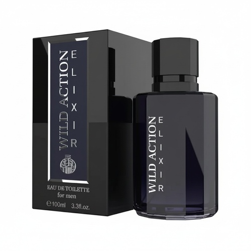 Real Time Wild Action Elixir 100ml EDT for men on pure white background, midnight navy-black bottle and box with silver chrome lettering, Amazon hero shot