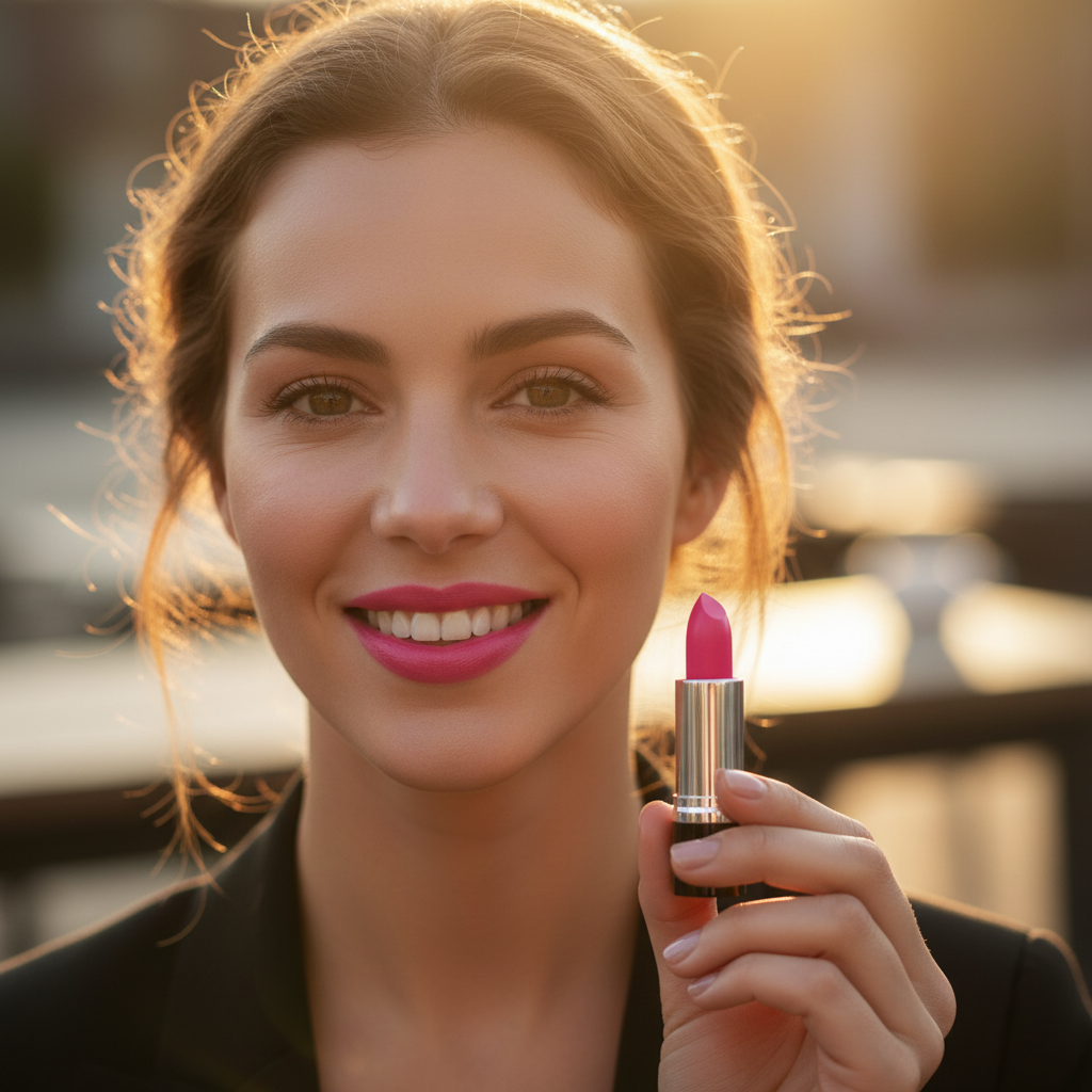 Woman with passion pink lips holding Laval Passion Pink 78 lipstick in warm golden hour light