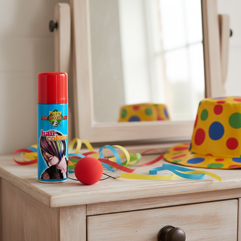 Red hair colour spray can and sponge clown nose on dressing table with party decorations