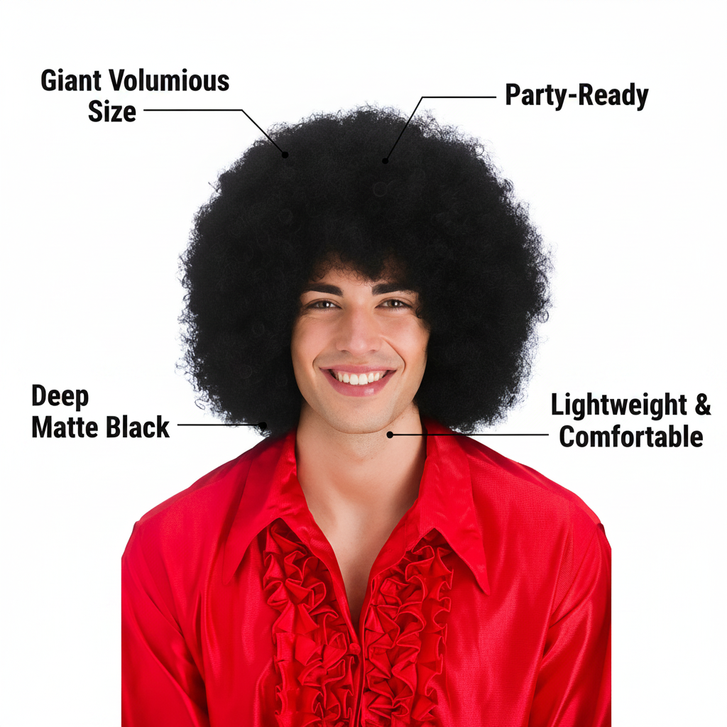 Giant Black Afro Wig feature infographic showing key product details including size, comfort and style