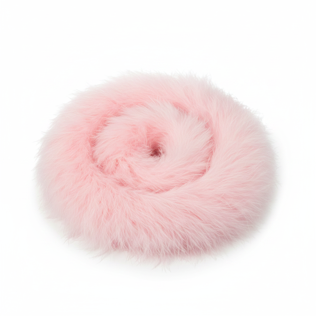 Soft baby pink feather boa 1.7m coiled on white background, studio product photography