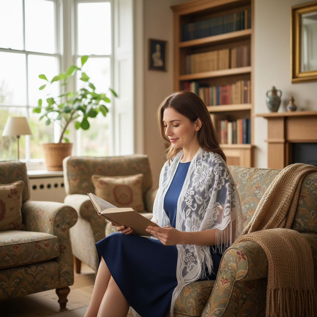 Elegant woman wearing white lace shawl scarf in a cozy living room by a window with natural daylight