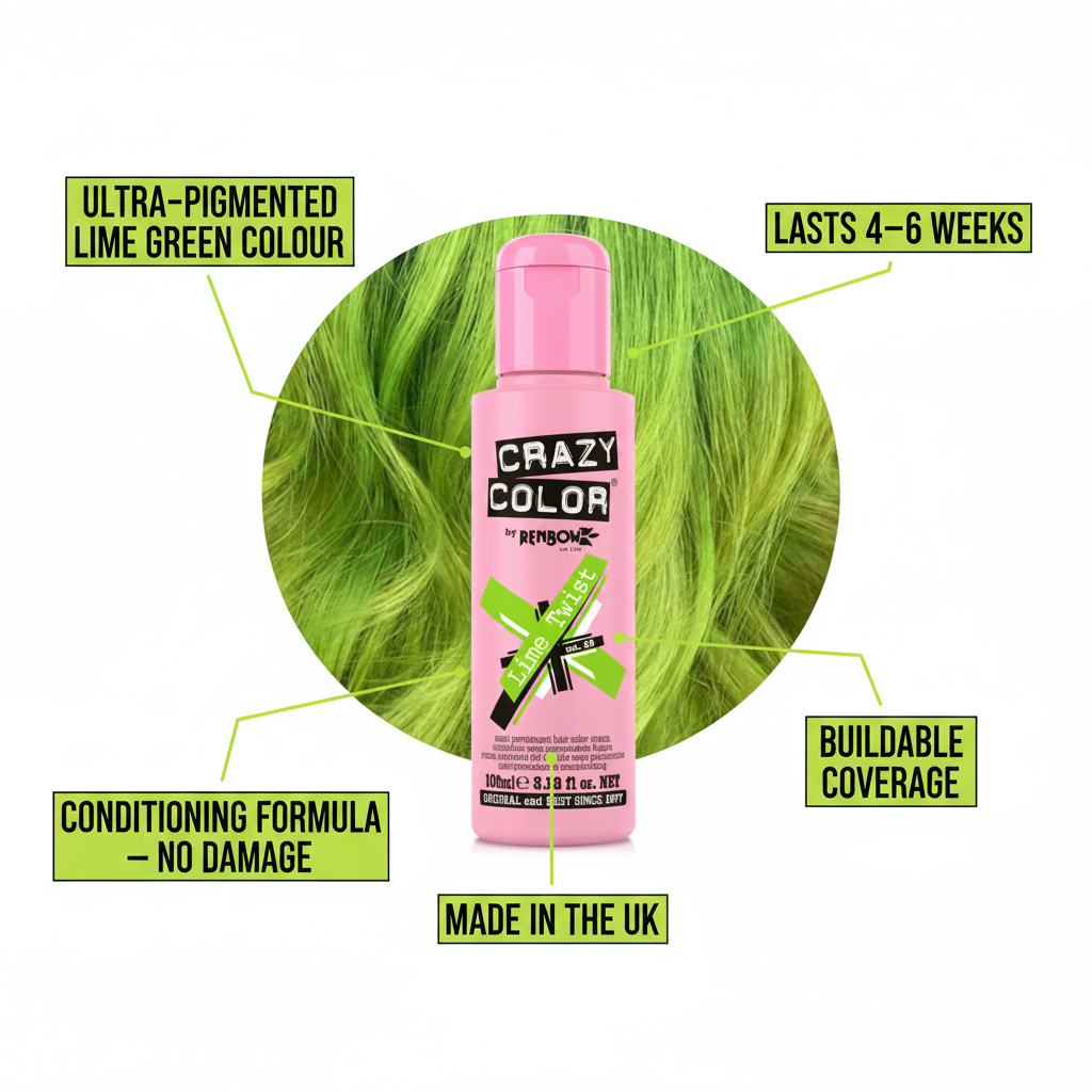 Crazy Color Lime Twist Hair Dye 100ml feature infographic highlighting ultra-pigmented colour, conditioning formula, buildable coverage, 4-6 week lasting and UK made