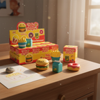 Collection of cute slow rise squishy fast food toys displayed on a child's desk - satisfying collector display