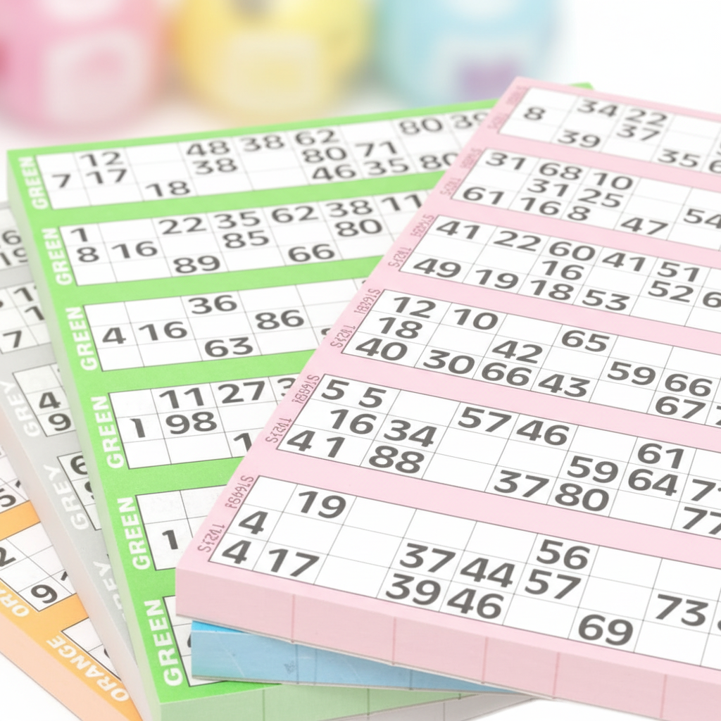 Extreme macro close-up of bingo ticket strips showing security codes and crisp black printed numbers on pastel paper