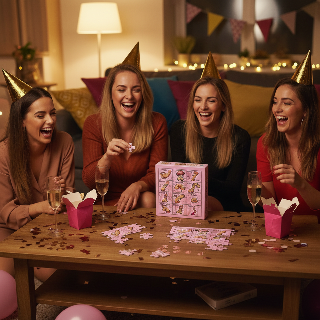 Group of women laughing at a hen party table playing the Hen Party Jigsaw Puzzle with prosecco and pink balloons