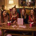 Group of women laughing at a hen party table playing the Hen Party Jigsaw Puzzle with prosecco and pink balloons