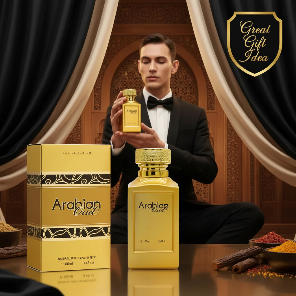 Fine Perfumery Arabian Oud 100ml EDP spray bottle on elegant dark wood surface with golden lighting