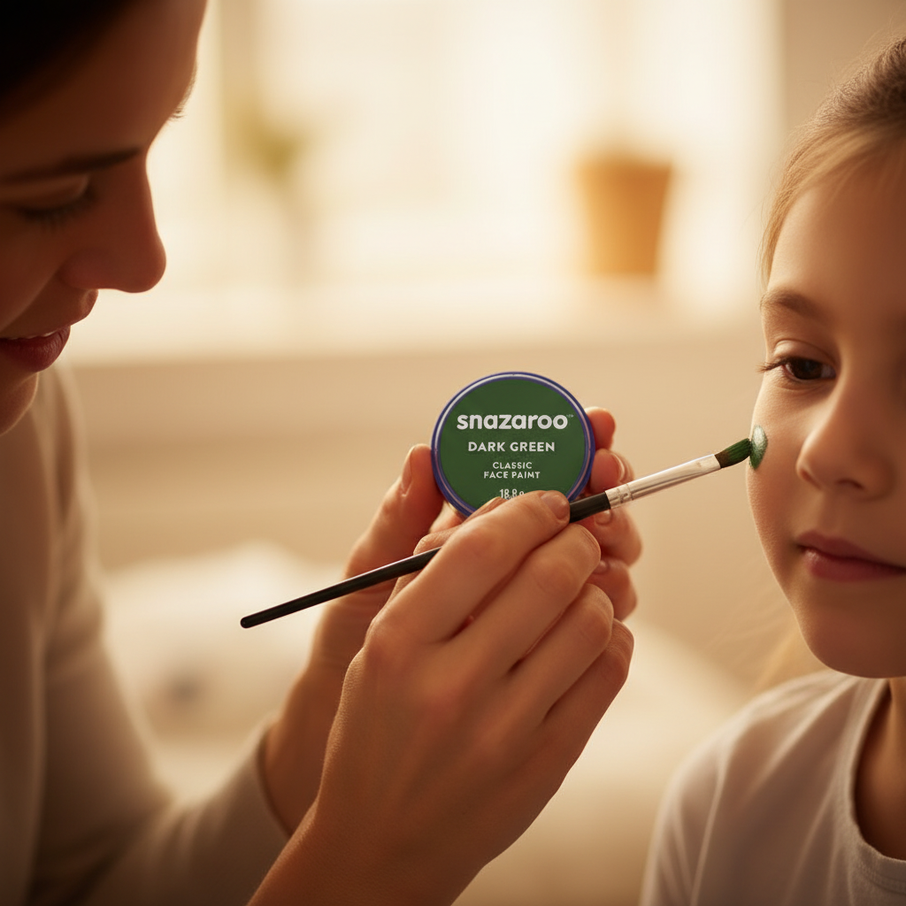 Parent applying Snazaroo dark green face paint with a brush onto a child's cheek, candid warm lifestyle moment