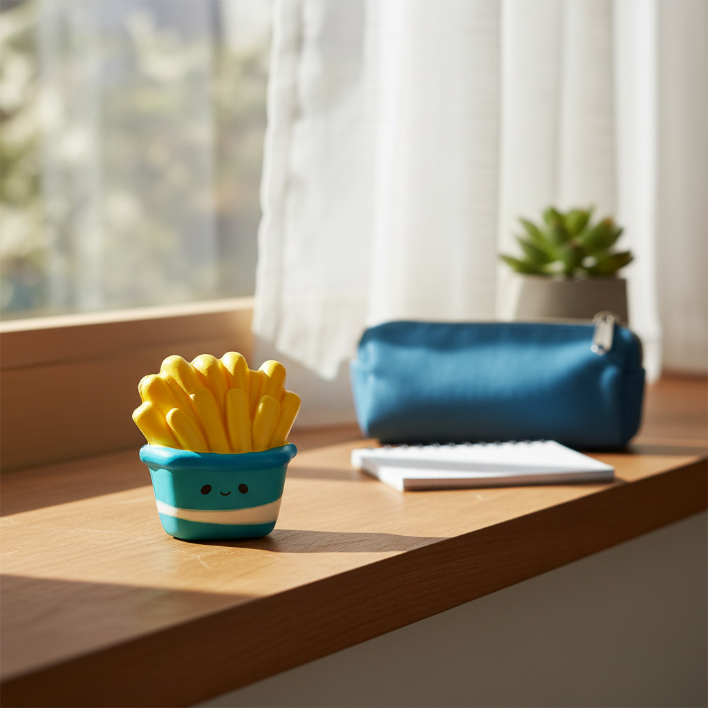 Squishy fast food toy on a child's bedroom windowsill in natural window light - lifestyle setting