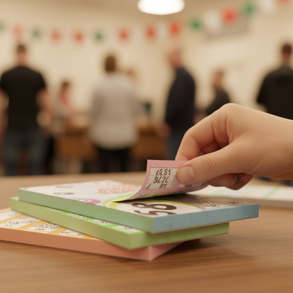 Person tearing a bingo ticket strip from a pad at a community event, candid moment with bokeh background