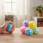 Collection of squishy pom pom balls in assorted colours arranged attractively, showing the desirable result of owning these fun sensory toys
