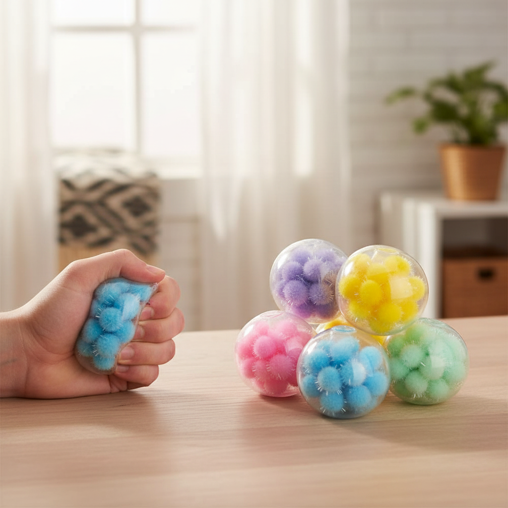 Collection of squishy pom pom balls in assorted colours arranged attractively, showing the desirable result of owning these fun sensory toys