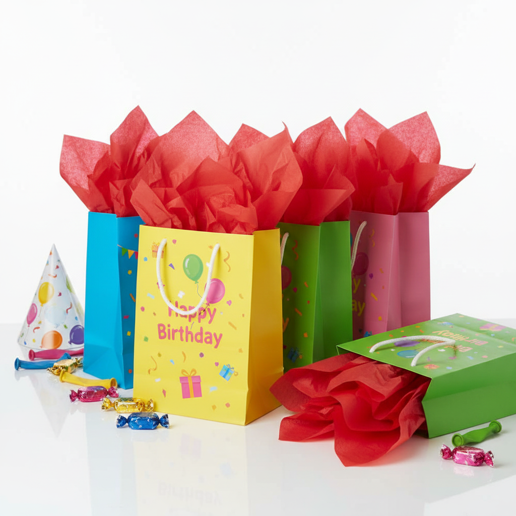 Red tissue paper peeking out of colourful party bags