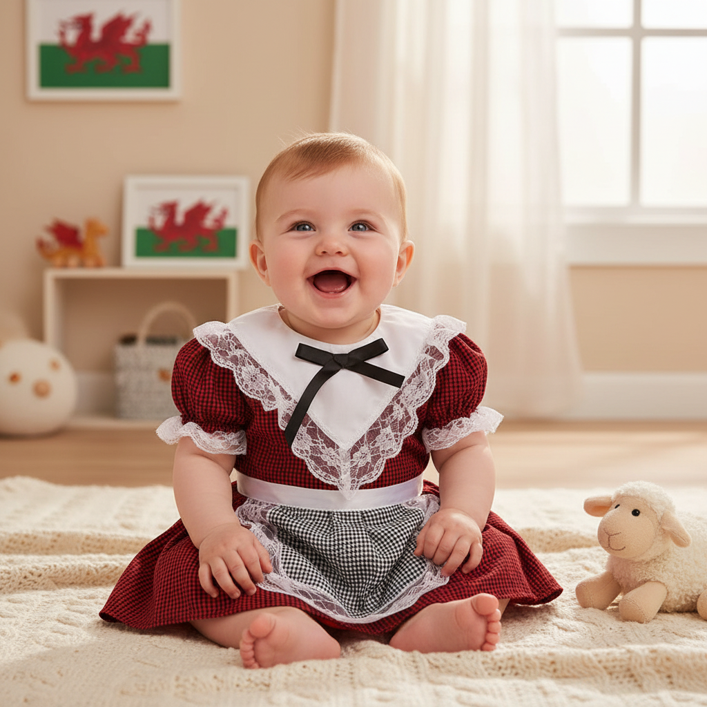 Happy baby wearing traditional Welsh costume with red dress and white lace in cozy nursery setting