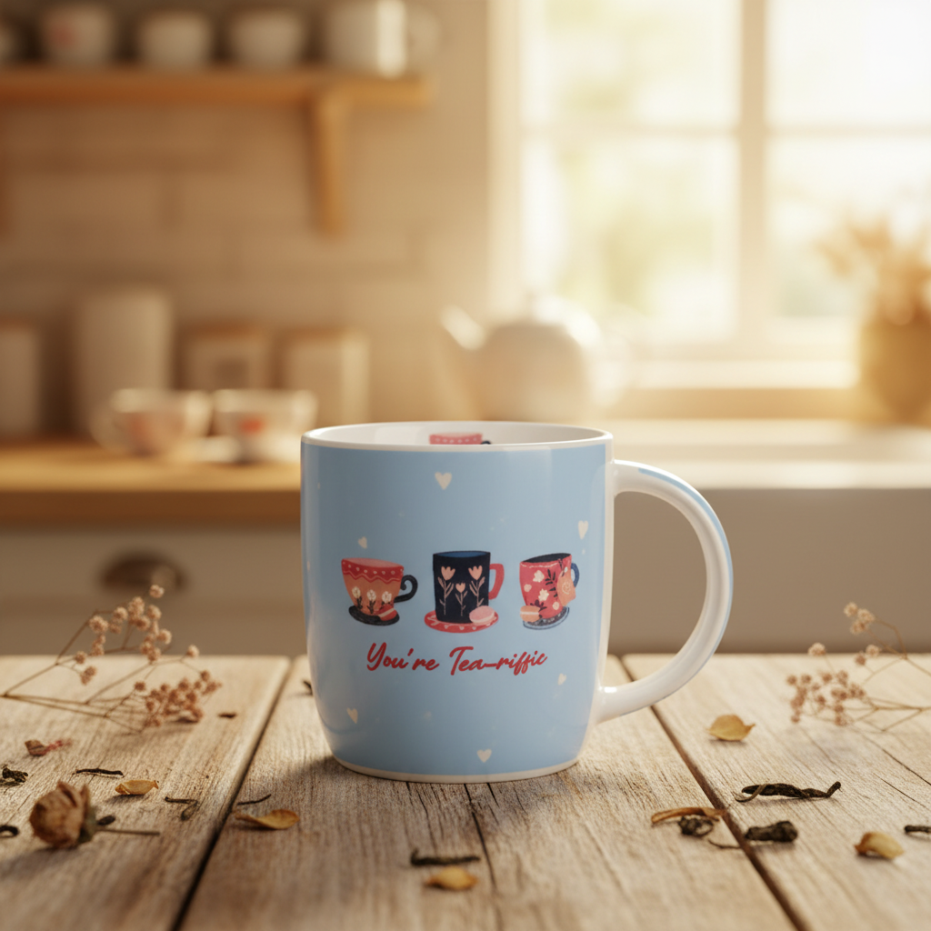 Gift Mug You're Tea-Riffic ceramic novelty mug on a rustic wooden table with teapot and flowers